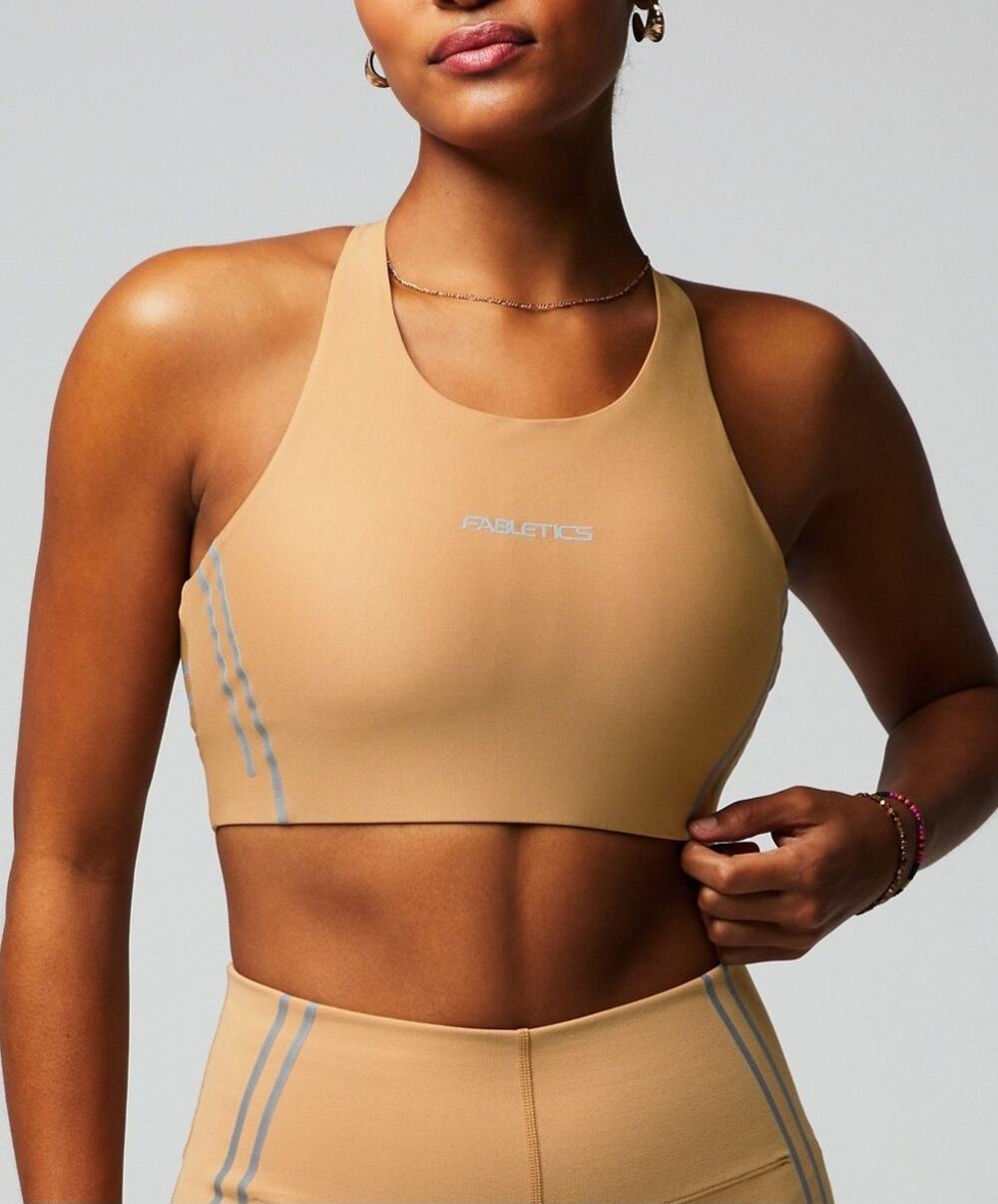 Fabletics No-Bounce Sports Bra S Tan High Impact Workout Compression Run Gym